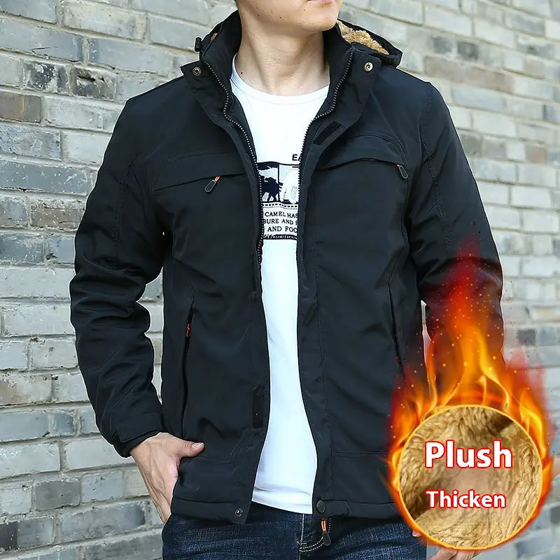 Winter New Men's Casual Fleece Jacket, Daily Loose Zipper and Fleece Jacket, Outdoor Cardigan, Hooded Solid Color Cotton Jacket