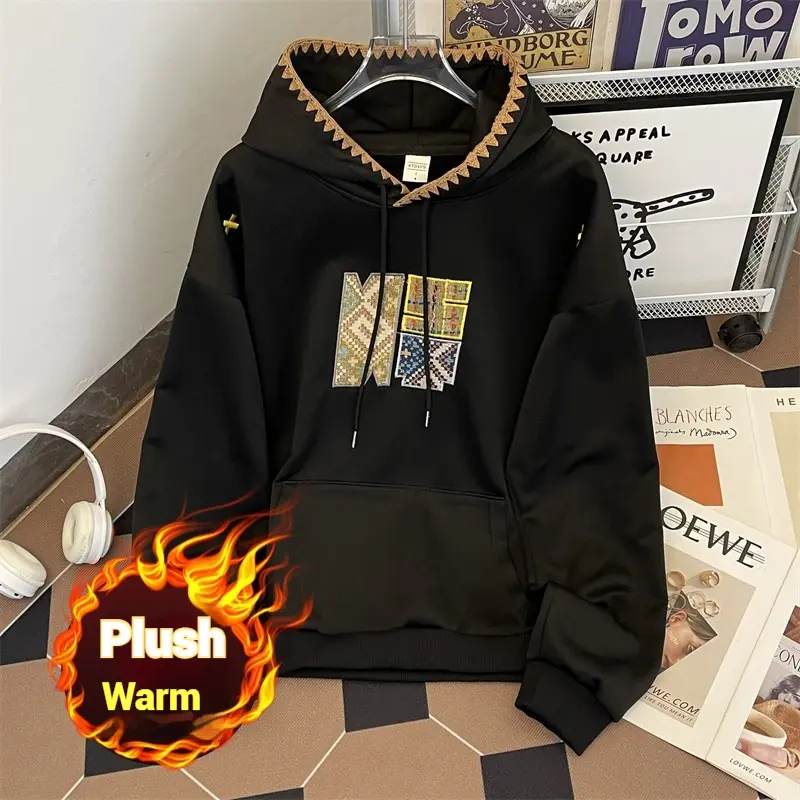 Autumn Men Women Retro Ethnic Knitted Patch Embroidery Hoodie Couple Matching Loose Fit Trendy Streetwear Unisex Pullover Sweats