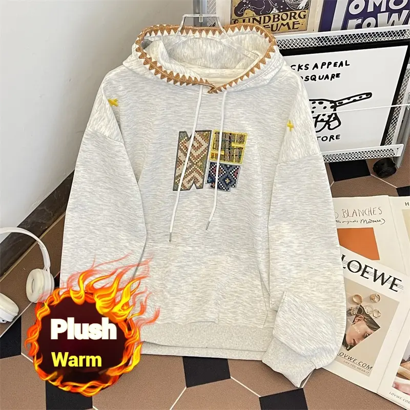 Autumn Men Women Retro Ethnic Knitted Patch Embroidery Hoodie Couple Matching Loose Fit Trendy Streetwear Unisex Pullover Sweats