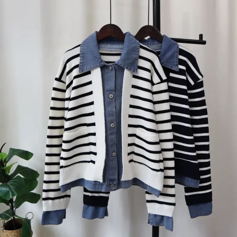 Women Cardigan Sweaters V Neck Denim Work Striped Jumpers Y2k Streetwear Elegant Turn Down Collar Open Stith Autumn Winter