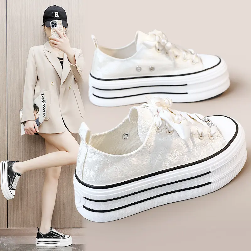 New Casual Height Increasing Platform Canvas Shoes Women Summer Outer White Sneakers Slipper Slip on Sandals Vulcanize Shoes
