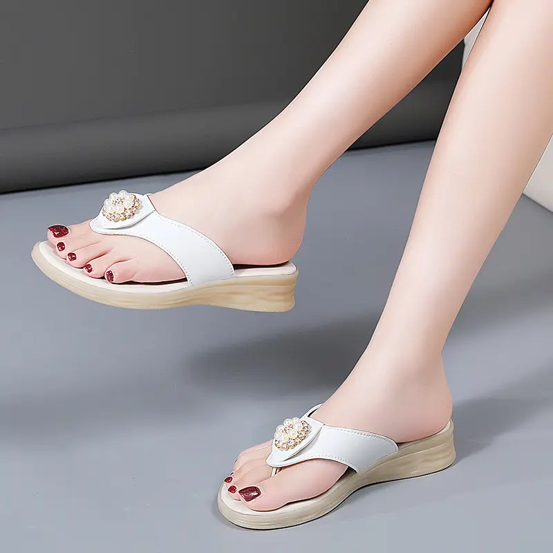 Summer Women‘s Slippers Sandals High Heel 3cm Fashion Platform Genuine Leather Slides Ladies Shoes Non-slip Casual Flip Flops