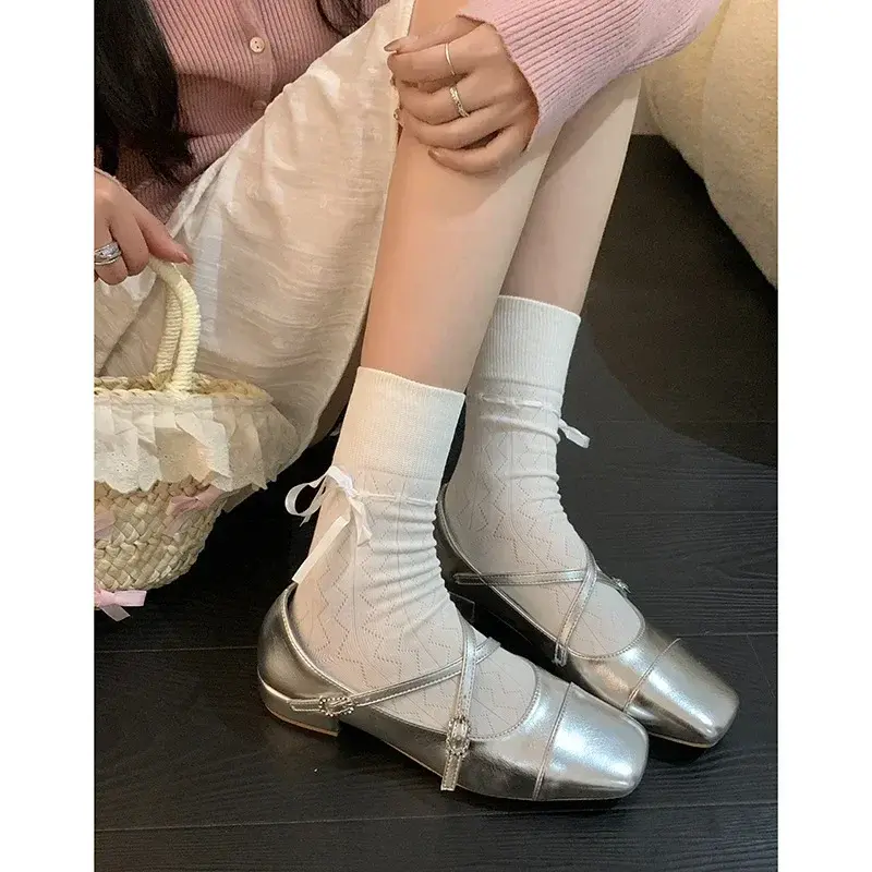Medium Heeled Mary Jane Single Shoes New Women Shoes Retro Thick Heeled Ballet Shoes Cross Buckle Shallow Soft Sole Shoe 2025