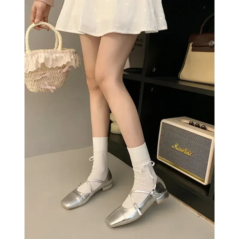 Medium Heeled Mary Jane Single Shoes New Women Shoes Retro Thick Heeled Ballet Shoes Cross Buckle Shallow Soft Sole Shoe 2025