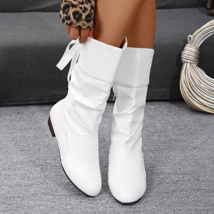 Shoes For Women 2025 Spring Knee High Boots Red Black White Tall Boots Woman Pleated Low Heel Casual Leather Female Long Shoes