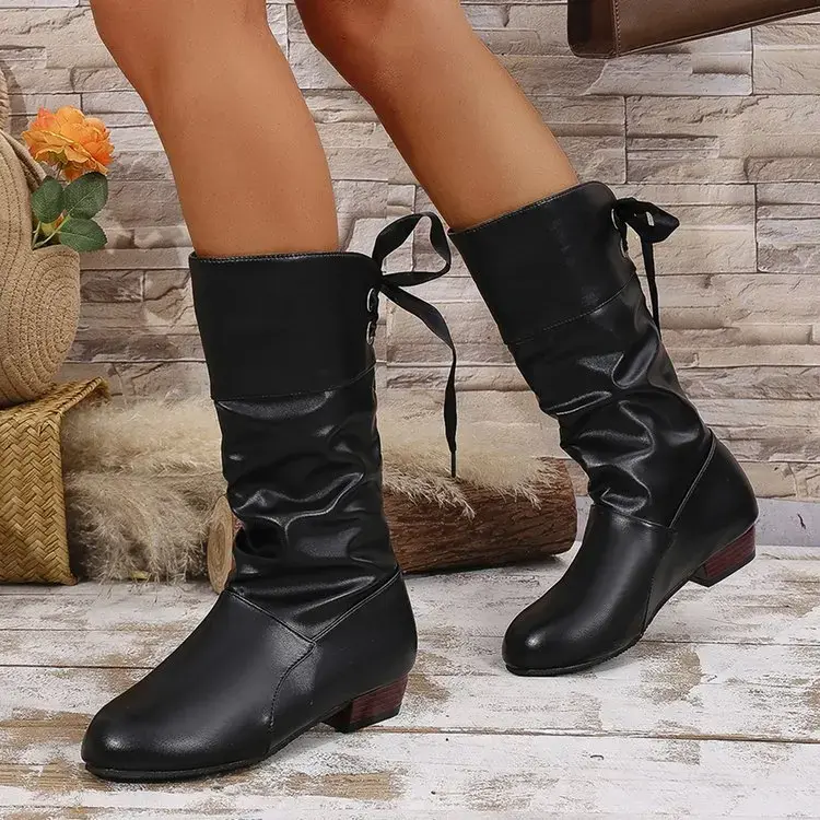 Shoes For Women 2025 Spring Knee High Boots Red Black White Tall Boots Woman Pleated Low Heel Casual Leather Female Long Shoes