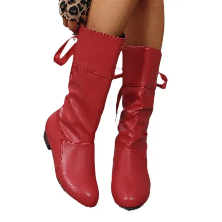 Shoes For Women 2025 Spring Knee High Boots Red Black White Tall Boots Woman Pleated Low Heel Casual Leather Female Long Shoes