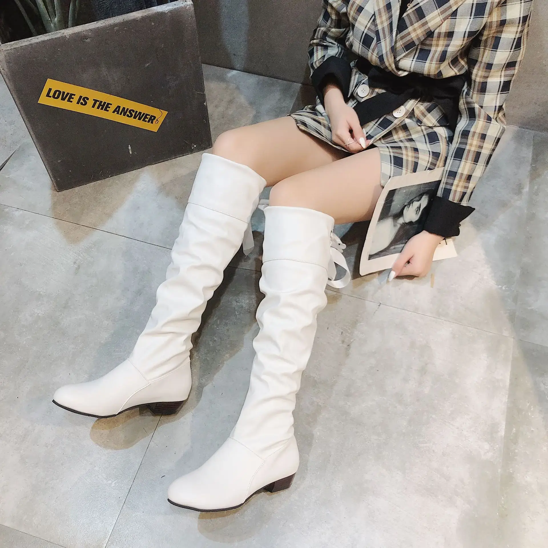 Shoes For Women Knee High Boots Red Black White Tall Boots Woman Pleated Low Heel Casual Leather Female Long Shoes