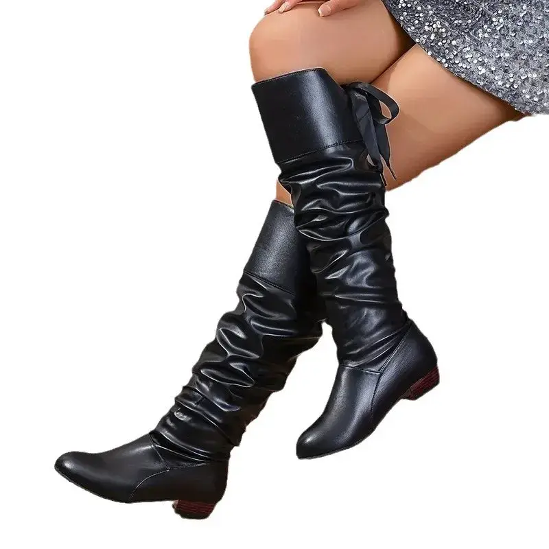 Shoes For Women Knee High Boots Red Black White Tall Boots Woman Pleated Low Heel Casual Leather Female Long Shoes