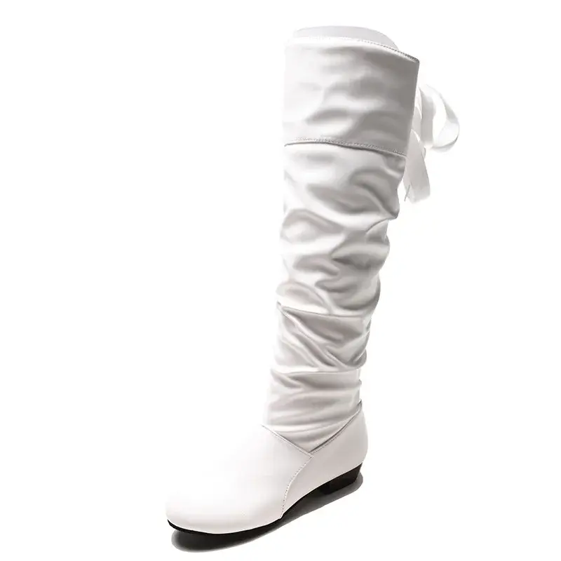Shoes For Women Knee High Boots Red Black White Tall Boots Woman Pleated Low Heel Casual Leather Female Long Shoes