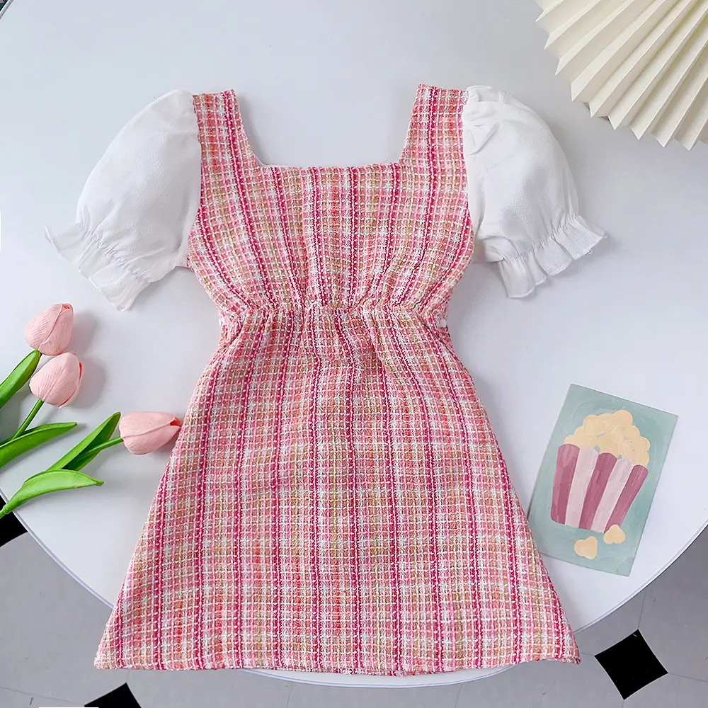 Bear Leader Girls' Dress 2023 Summer New Girls' Fashion Bubble Sleeve Plaid Dress Retro Button Lace Dress Girls' Fashion Dress