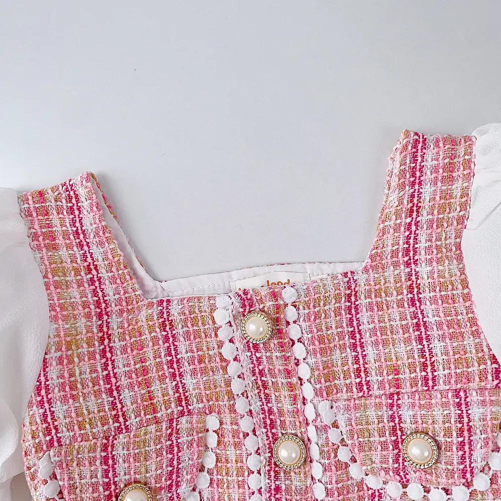 Bear Leader Girls' Dress 2023 Summer New Girls' Fashion Bubble Sleeve Plaid Dress Retro Button Lace Dress Girls' Fashion Dress