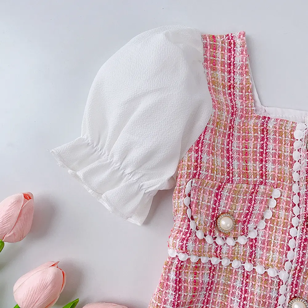 Bear Leader Girls' Dress 2023 Summer New Girls' Fashion Bubble Sleeve Plaid Dress Retro Button Lace Dress Girls' Fashion Dress