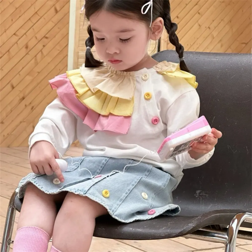 Bear Leader Fashionable Sweet Kids Clothes Girls Autumn Long Sleeved Patchwork Colorful Lace Shirt Top+Denim Skirt Two-piece Set