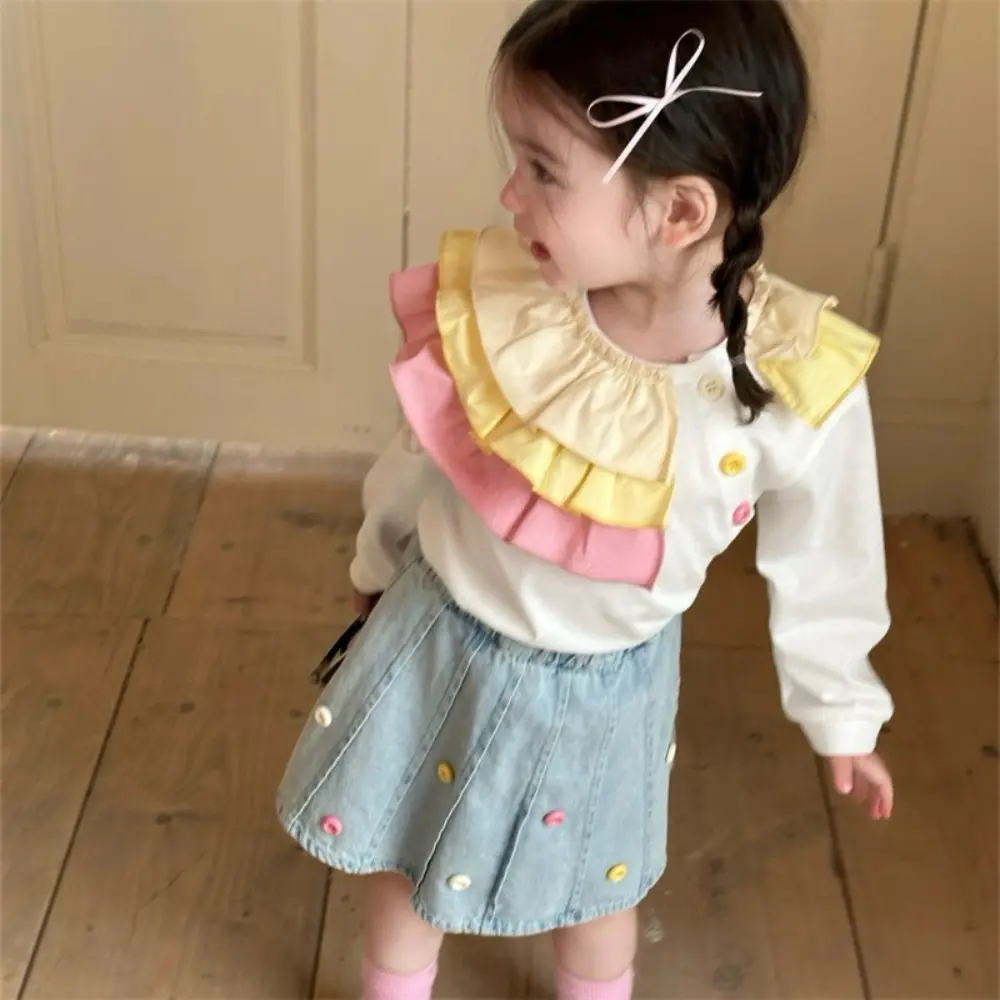 Bear Leader Fashionable Sweet Kids Clothes Girls Autumn Long Sleeved Patchwork Colorful Lace Shirt Top+Denim Skirt Two-piece Set