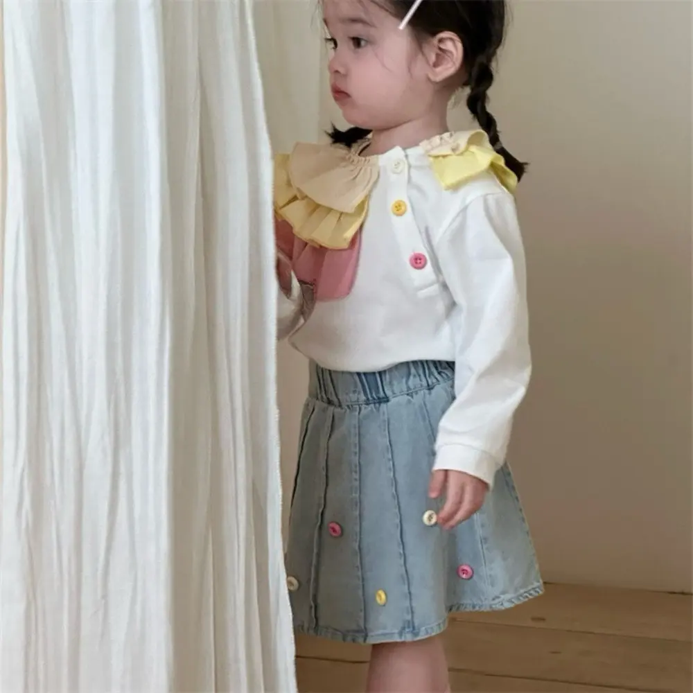 Bear Leader Fashionable Sweet Kids Clothes Girls Autumn Long Sleeved Patchwork Colorful Lace Shirt Top+Denim Skirt Two-piece Set