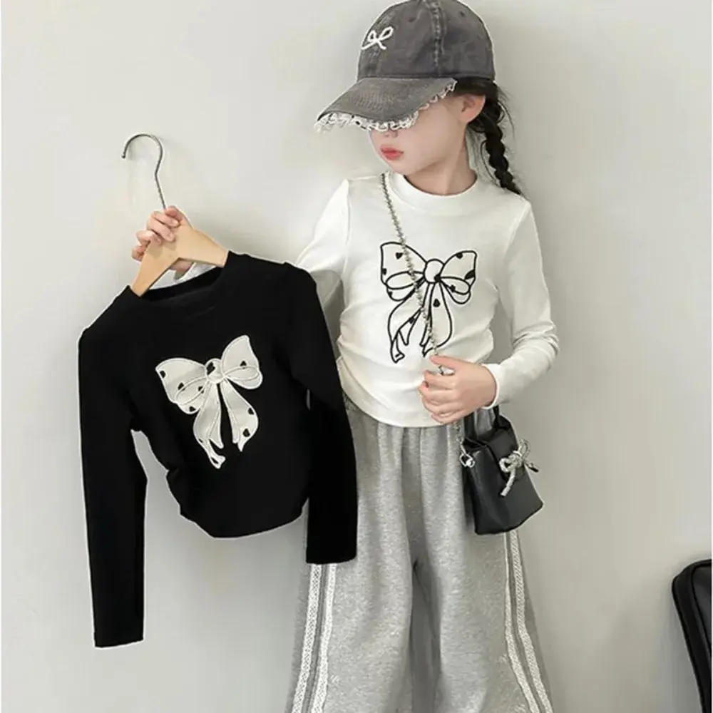 Bear Leader Children's Clothing Korean Version Fashion New Girls' T-shirt Autumn Street Style Long Sleeve Bow Printed Kids Top