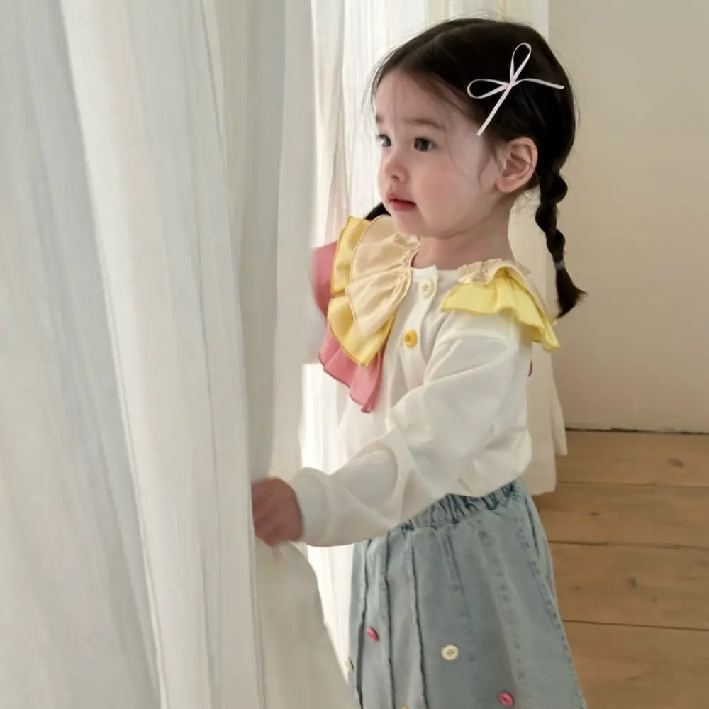 Bear Leader Fashionable Sweet Kids Clothes Girls Autumn Long Sleeved Patchwork Colorful Lace Shirt Top+Denim Skirt Two-piece Set