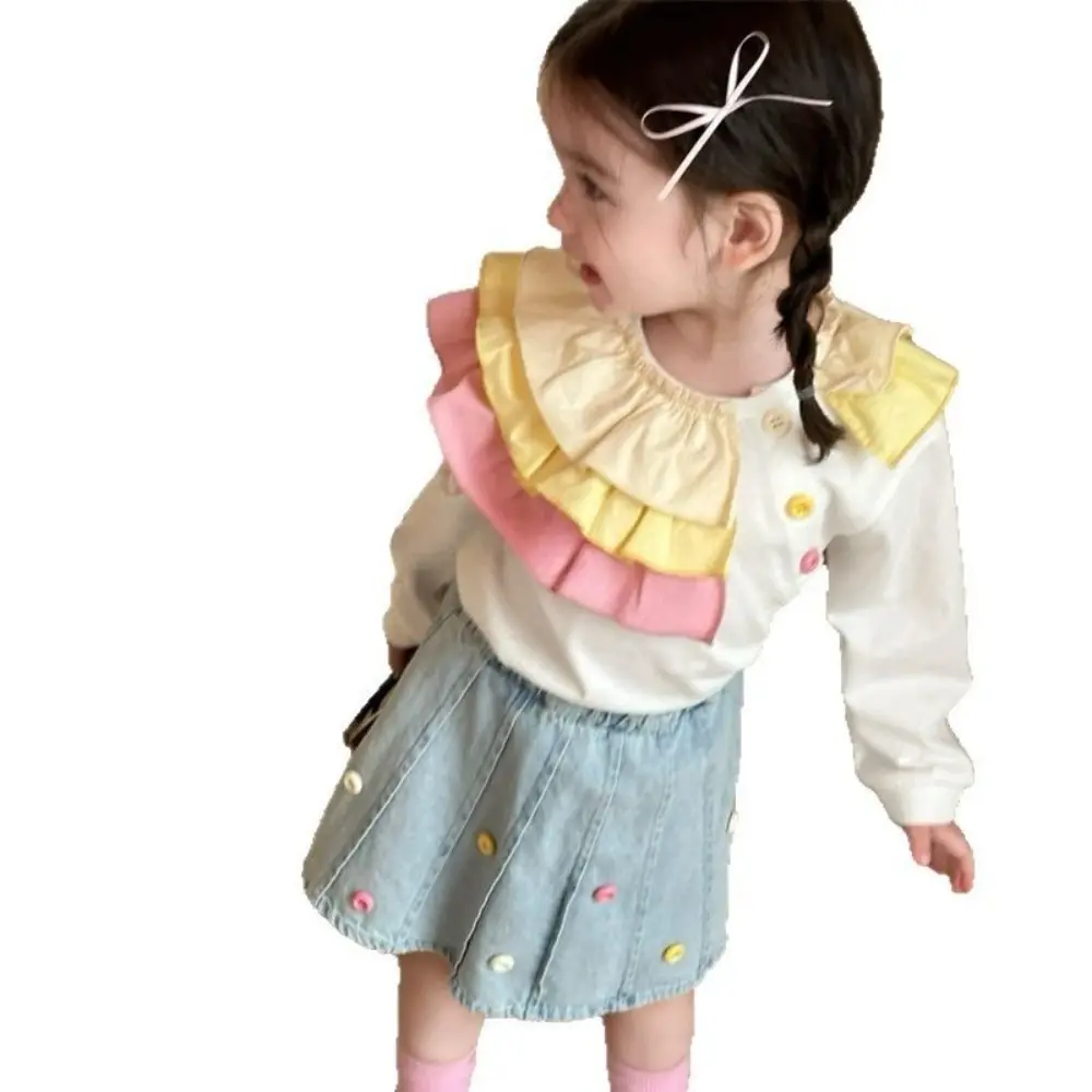 Bear Leader Fashionable Sweet Kids Clothes Girls Autumn Long Sleeved Patchwork Colorful Lace Shirt Top+Denim Skirt Two-piece Set