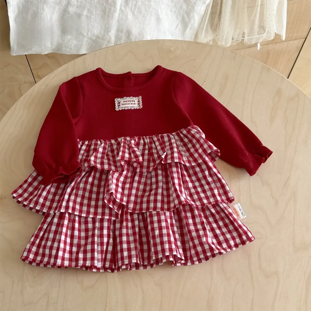 Bear Leader Red New Year Girls Dresses Autumn Long Sleeved Patchwork Plaid Princess Dress Korean Version Cute Kids Clothing