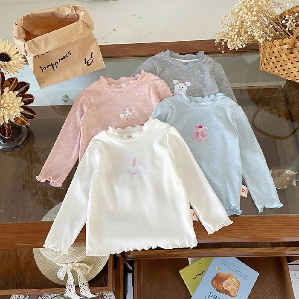 Bear Leader Spring and Autumn Plain Color Girl's T-shirt Cartoon Printed Long Sleeve Top Daily Casual Children's Clothing