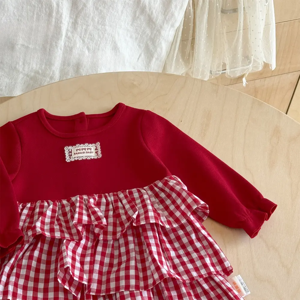 Bear Leader Red New Year Girls Dresses Autumn Long Sleeved Patchwork Plaid Princess Dress Korean Version Cute Kids Clothing