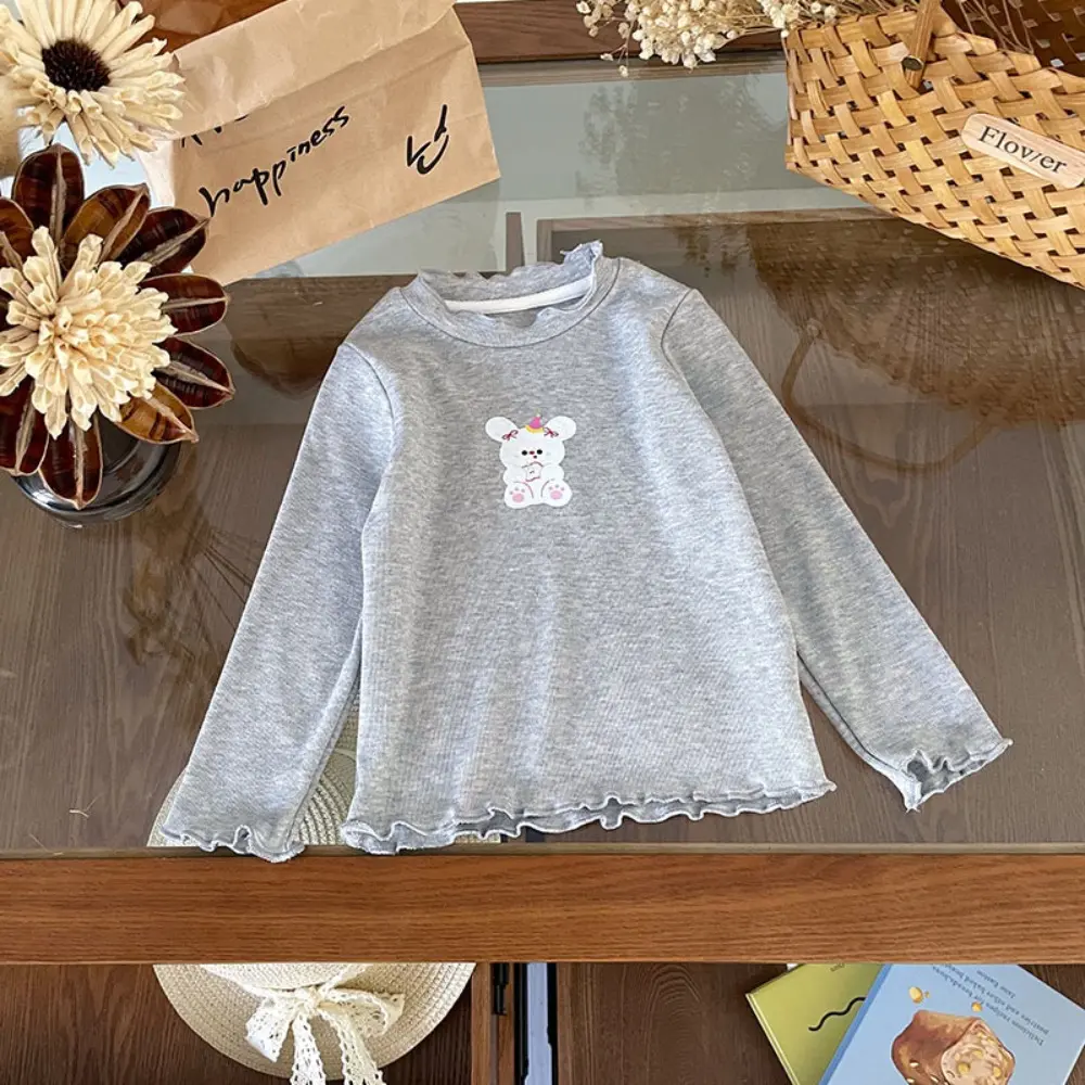 Bear Leader Spring and Autumn Plain Color Girl's T-shirt Cartoon Printed Long Sleeve Top Daily Casual Children's Clothing