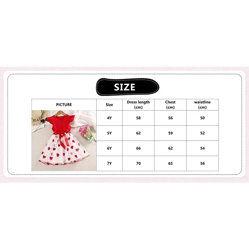 Kids Dress 4-7 Years Red Wing-Sleeve Heart Pattern Patchwork Tulle Dress Baby Girl Birthday Party Festival Costume