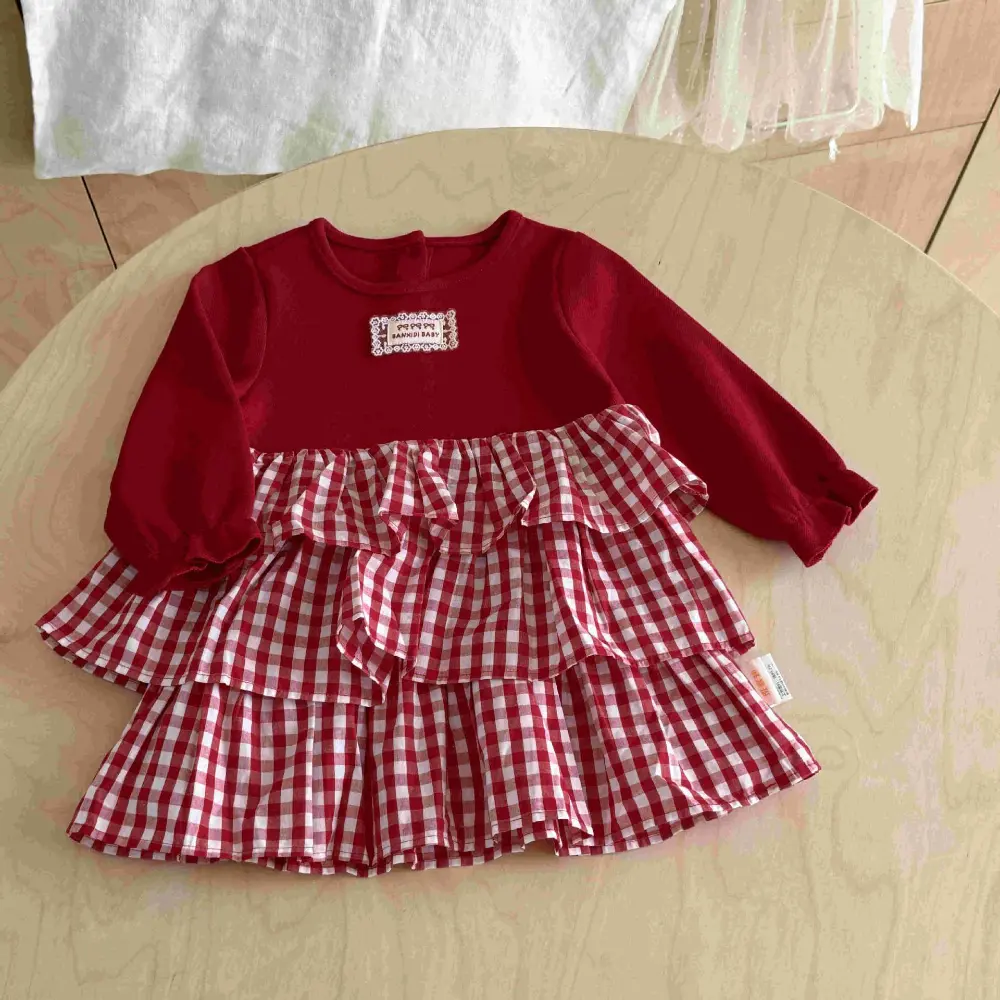 Bear Leader Red New Year Girls Dresses Autumn Long Sleeved Patchwork Plaid Princess Dress Korean Version Cute Kids Clothing
