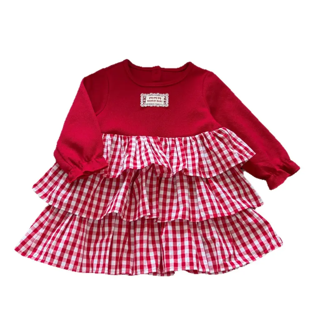 Bear Leader Red New Year Girls Dresses Autumn Long Sleeved Patchwork Plaid Princess Dress Korean Version Cute Kids Clothing