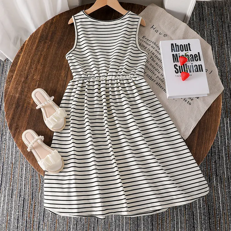 Kids Summer Comfortable Clothes O-Neck Sleeveless Striped A-Line Dress For Girls 8-12 Years Korean Style Daliy Casual Dress