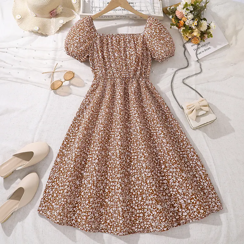 Kids Dress For Girls Brown Ditsy Square Collar Puff-Sleeve Knee-Length A-line Children Daily Casual Clothes 8-12 Years Gown