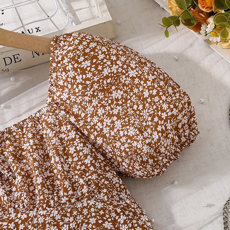Kids Dress For Girls Brown Ditsy Square Collar Puff-Sleeve Knee-Length A-line Children Daily Casual Clothes 8-12 Years Gown