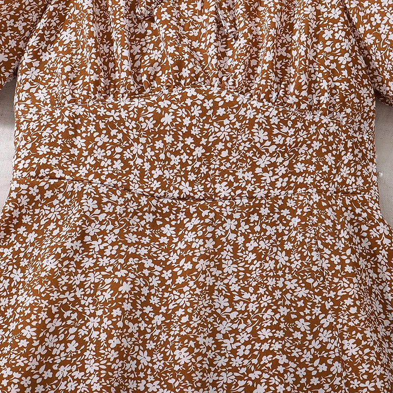 Kids Dress For Girls Brown Ditsy Square Collar Puff-Sleeve Knee-Length A-line Children Daily Casual Clothes 8-12 Years Gown