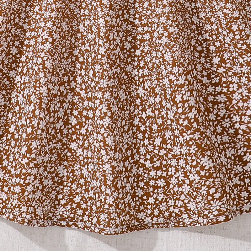 Kids Dress For Girls Brown Ditsy Square Collar Puff-Sleeve Knee-Length A-line Children Daily Casual Clothes 8-12 Years Gown