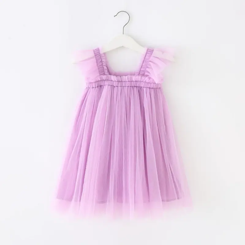 Summer Dress for Baby Girl Sling Sleeveless Square Collar Yellow Purple Pink Blue Green Mesh Princess Dress Child Clothing E2200