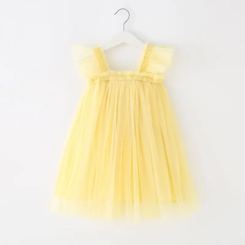 Summer Dress for Baby Girl Sling Sleeveless Square Collar Yellow Purple Pink Blue Green Mesh Princess Dress Child Clothing E2200