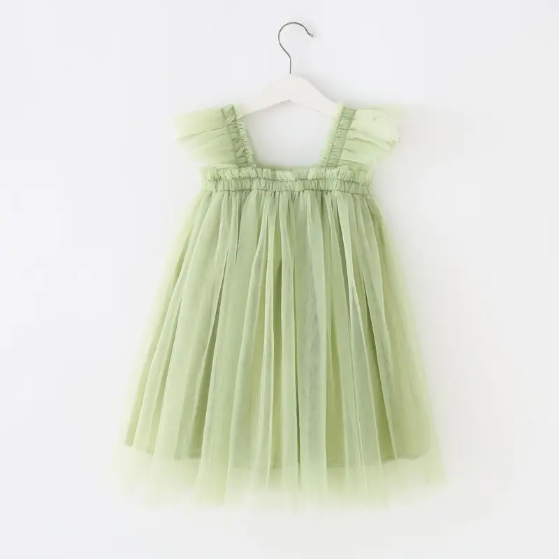 Summer Dress for Baby Girl Sling Sleeveless Square Collar Yellow Purple Pink Blue Green Mesh Princess Dress Child Clothing E2200