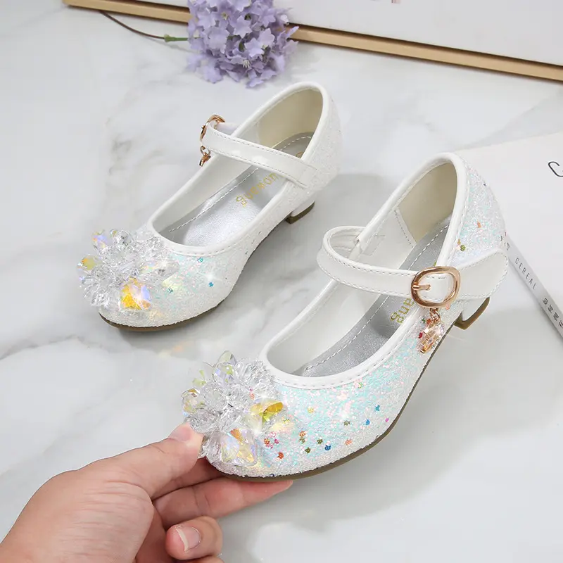 Kids Leather Shoe Luxury Rhinestone Sweet Girl Princess Shoes Spring Autumn Sequins Children Causal High Heel Shoes for Wedding
