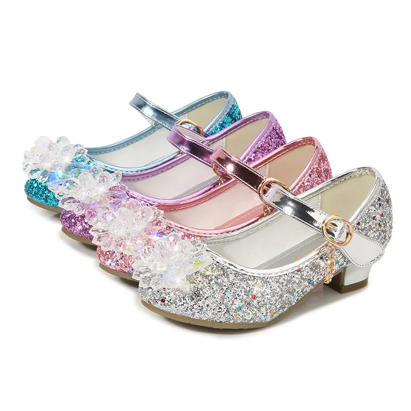 Kids Leather Shoe Luxury Rhinestone Sweet Girl Princess Shoes Spring Autumn Sequins Children Causal High Heel Shoes for Wedding