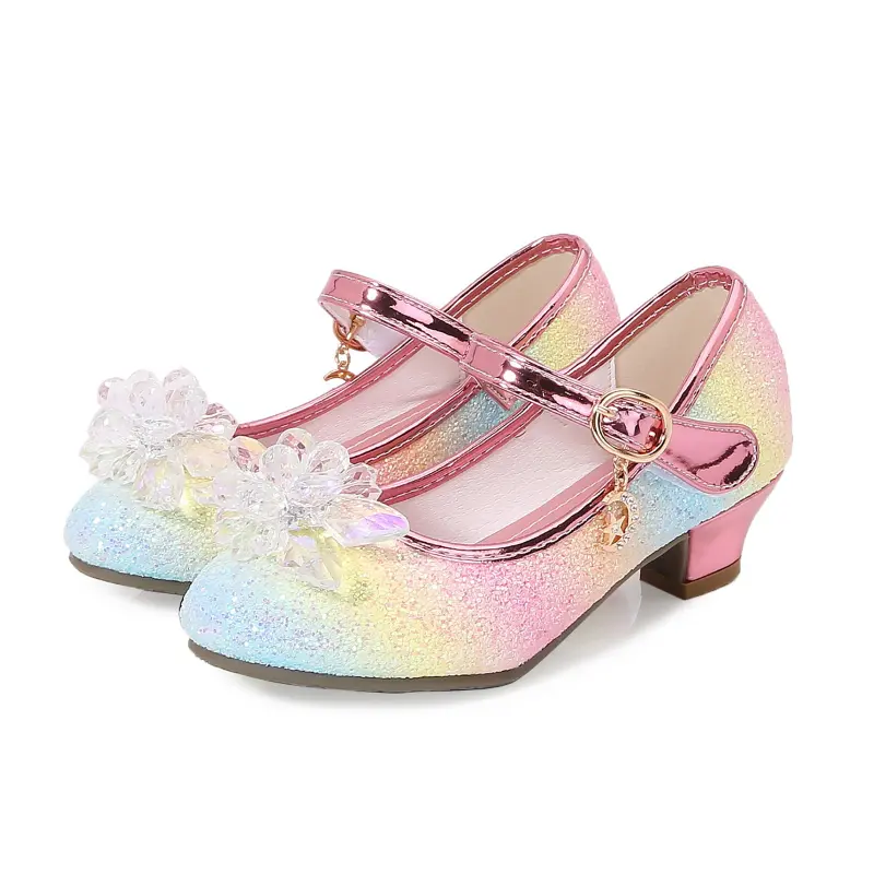 Kids Leather Shoe Luxury Rhinestone Sweet Girl Princess Shoes Spring Autumn Sequins Children Causal High Heel Shoes for Wedding