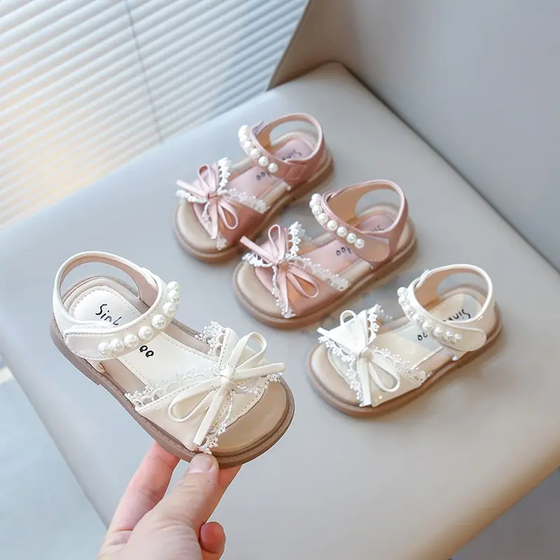 Toddlers Kids Sandals for Girls Princess Bow-knot with Lace Children Pearl Beading Summer Beach Shoes 2025 New Elegant Sweet Hot