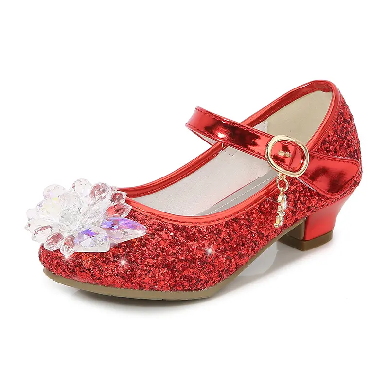 Kids Leather Shoe Luxury Rhinestone Sweet Girl Princess Shoes Spring Autumn Sequins Children Causal High Heel Shoes for Wedding