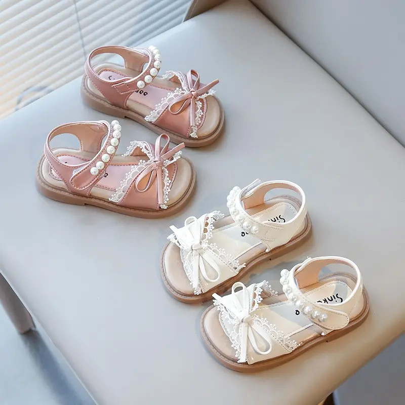 Toddlers Kids Sandals for Girls Princess Bow-knot with Lace Children Pearl Beading Summer Beach Shoes 2025 New Elegant Sweet Hot