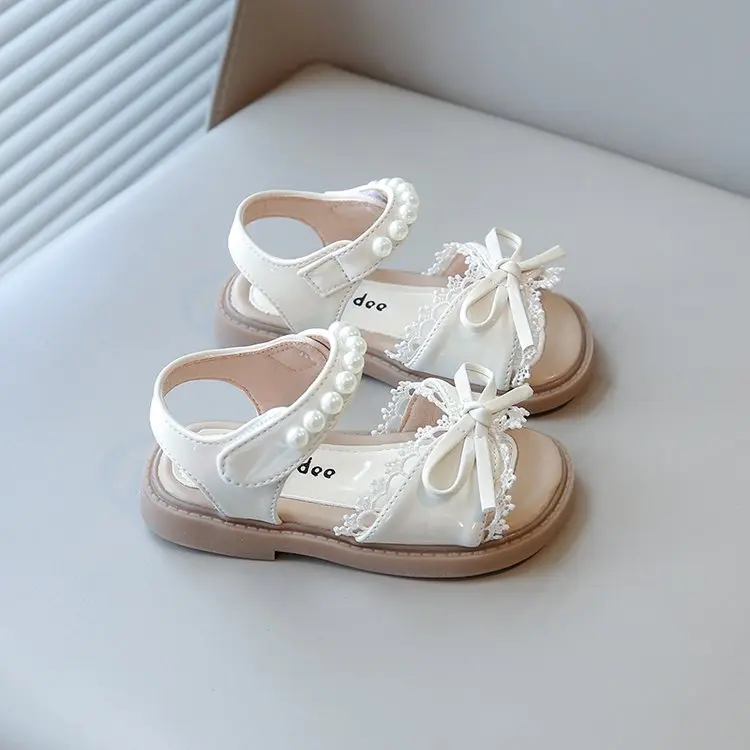 Toddlers Kids Sandals for Girls Princess Bow-knot with Lace Children Pearl Beading Summer Beach Shoes 2025 New Elegant Sweet Hot
