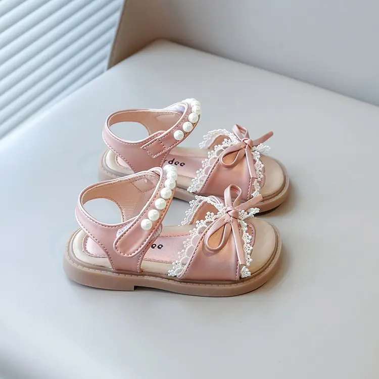 Toddlers Kids Sandals for Girls Princess Bow-knot with Lace Children Pearl Beading Summer Beach Shoes 2025 New Elegant Sweet Hot