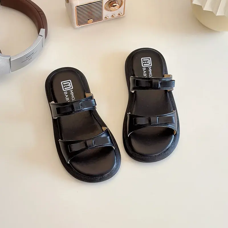 2025 Children Sandals for Girls Summer New Fashion Korean Style Soft Sole Anti-slippery Versatile Princess Bowtie White Slippers