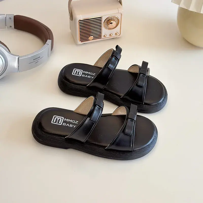 2025 Children Sandals for Girls Summer New Fashion Korean Style Soft Sole Anti-slippery Versatile Princess Bowtie White Slippers