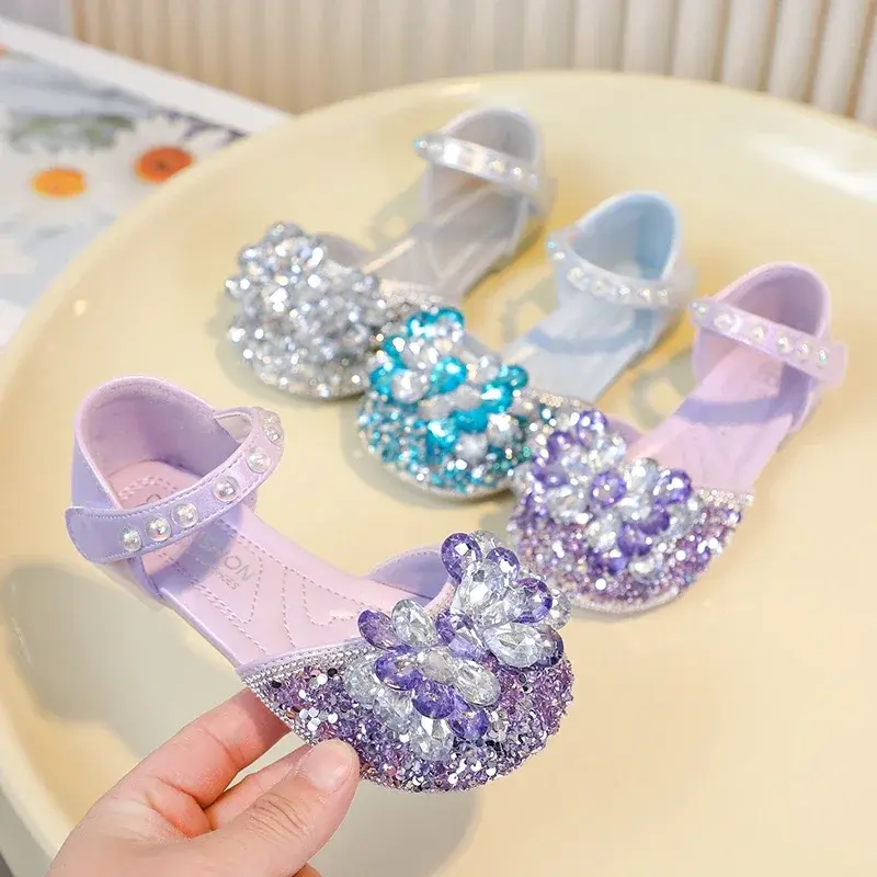 Girls Dance Shoes Non-slip Shiny Crystal 2025 New Kids Half Sandals for Party Wedding Children Princess Shoes Summer Soft Sole