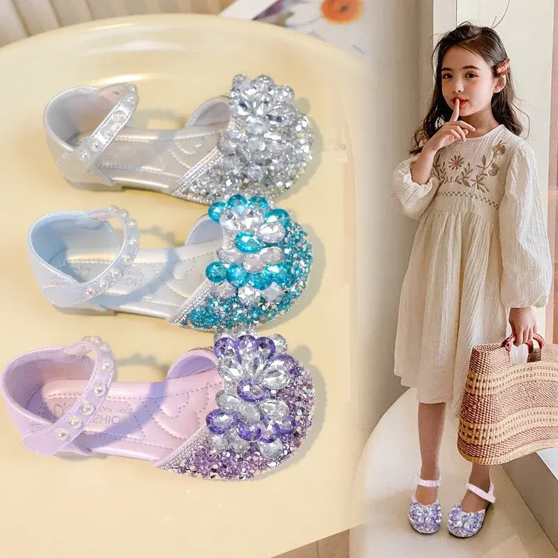 Girls Dance Shoes Non-slip Shiny Crystal 2025 New Kids Half Sandals for Party Wedding Children Princess Shoes Summer Soft Sole
